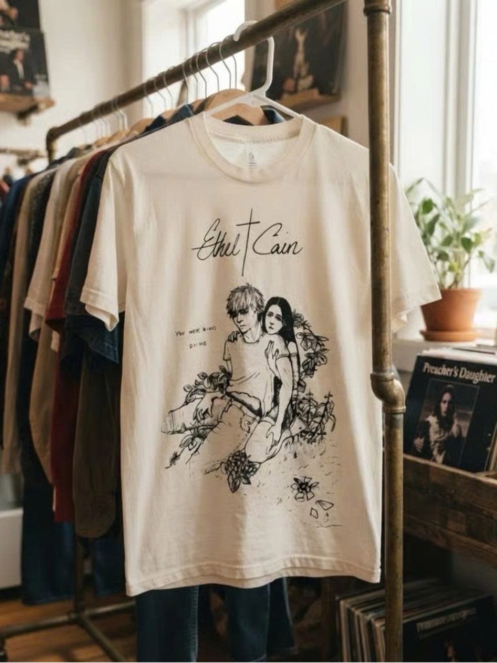 Vintage Cream Ethel Cain Tee with black Line-art Couple Graphic